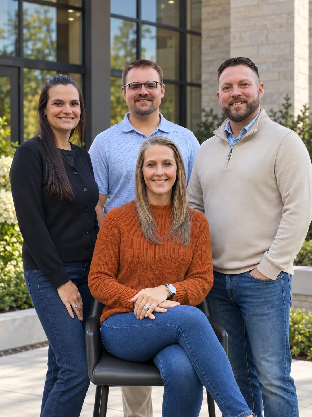 Four members of the Victory Field Operations leadership team outside an office building